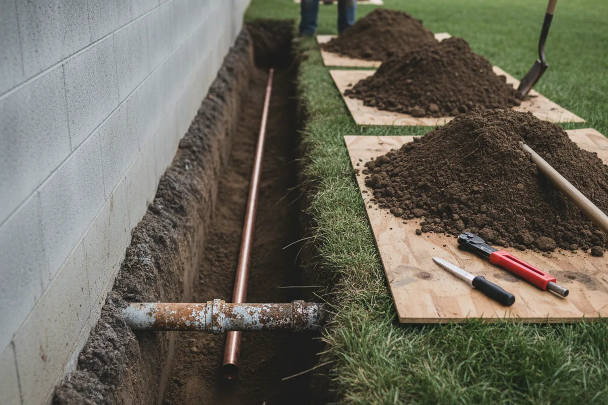 Excavated water line trench during Water Softener Installation in Burlingame